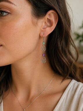 Sterling Silver Celtic Knot Earrings Amethyst Green Aventurine Dangle